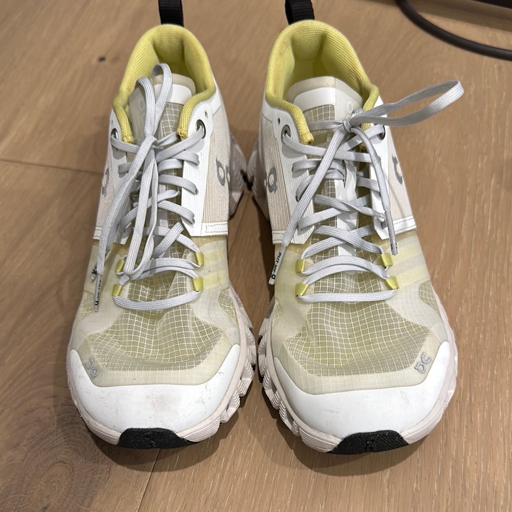 On Running Athletic Shoes in White and Yellow